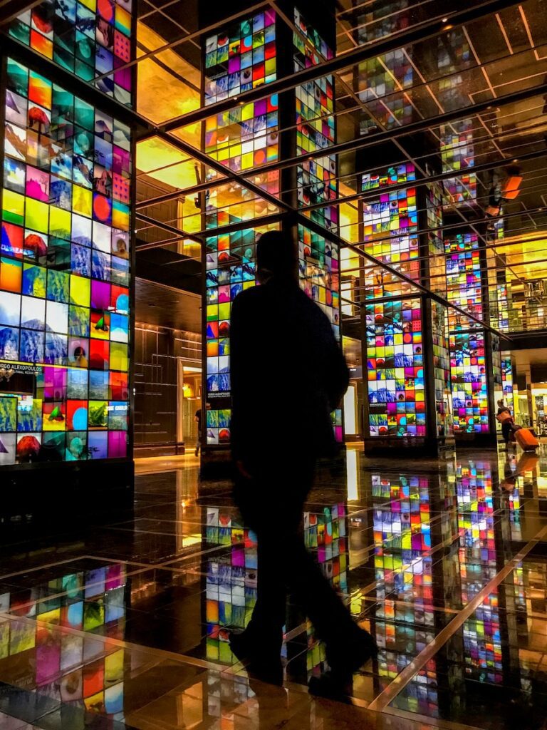 silhouette of man standing in front of glass wall